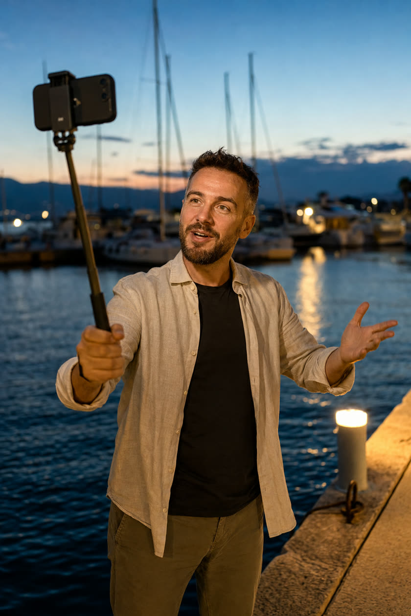 A man on a marina dock at dusk, talking to his phone on a selfie stick, one hand open as he explains something.
